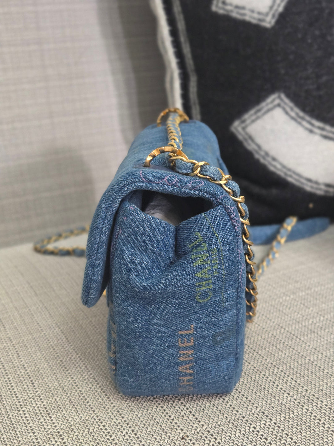 Chanel 22P Blue Denim Mood Flap Bag size Small with aged GHW