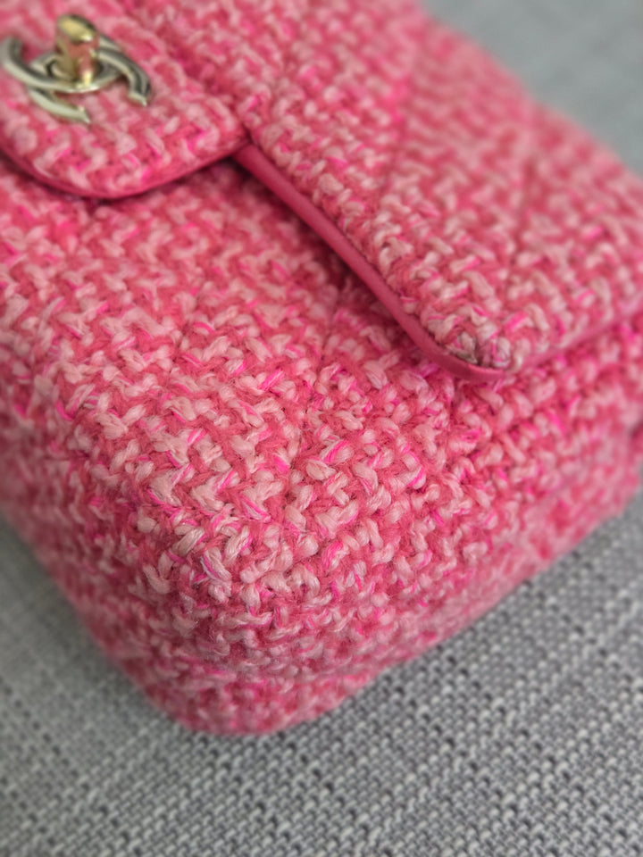 Chanel 22B 2022 Fall/Winter Fuchsia/Light Pink/Dark Pink Tweed Mini Rectangular Flap Bag with Champagne GHW