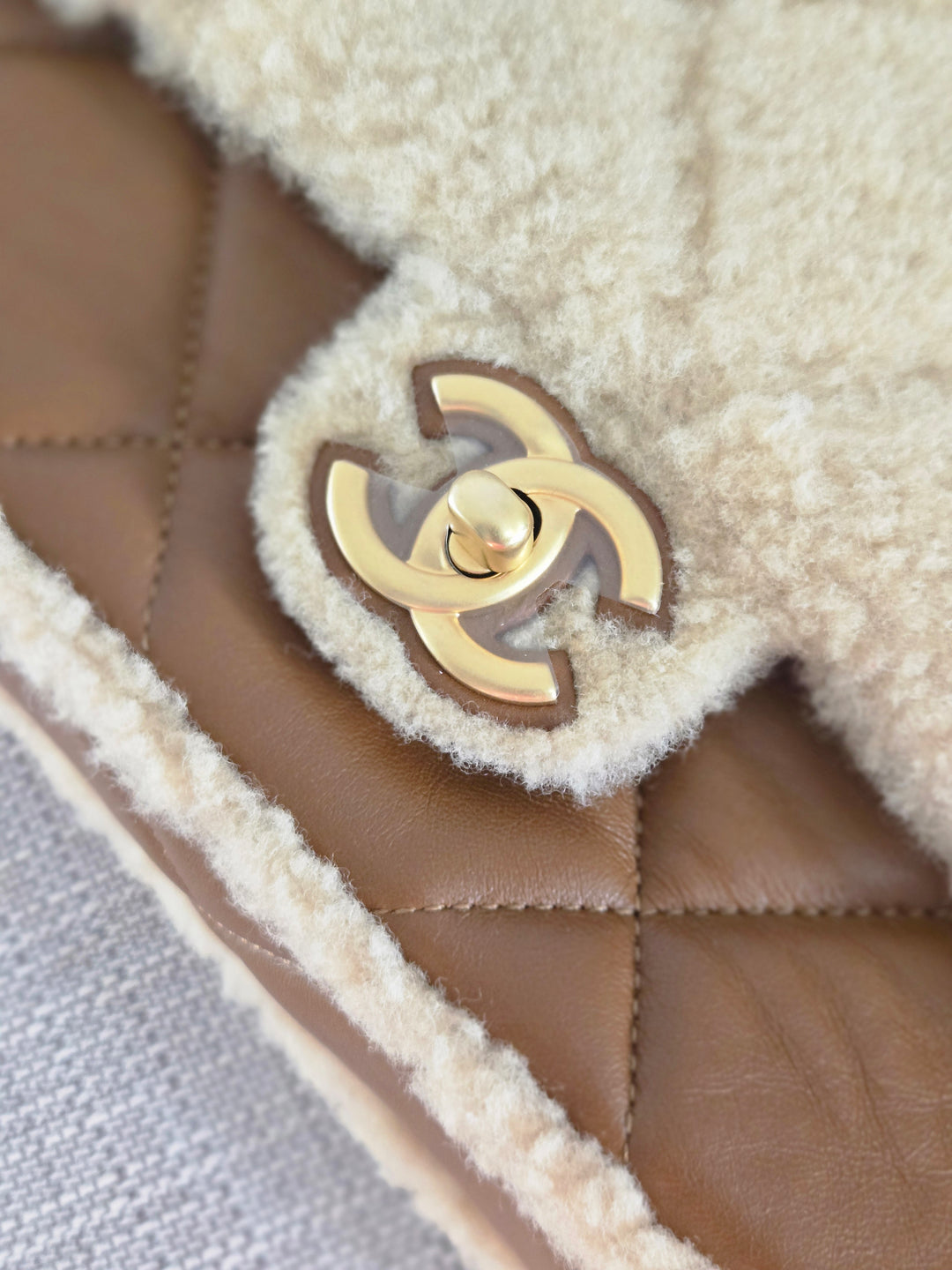Chanel 24K 2024 Fall/Winter Collection Beige Brown Teddy Shearling MEDIUM flap Bag with Aged GHW