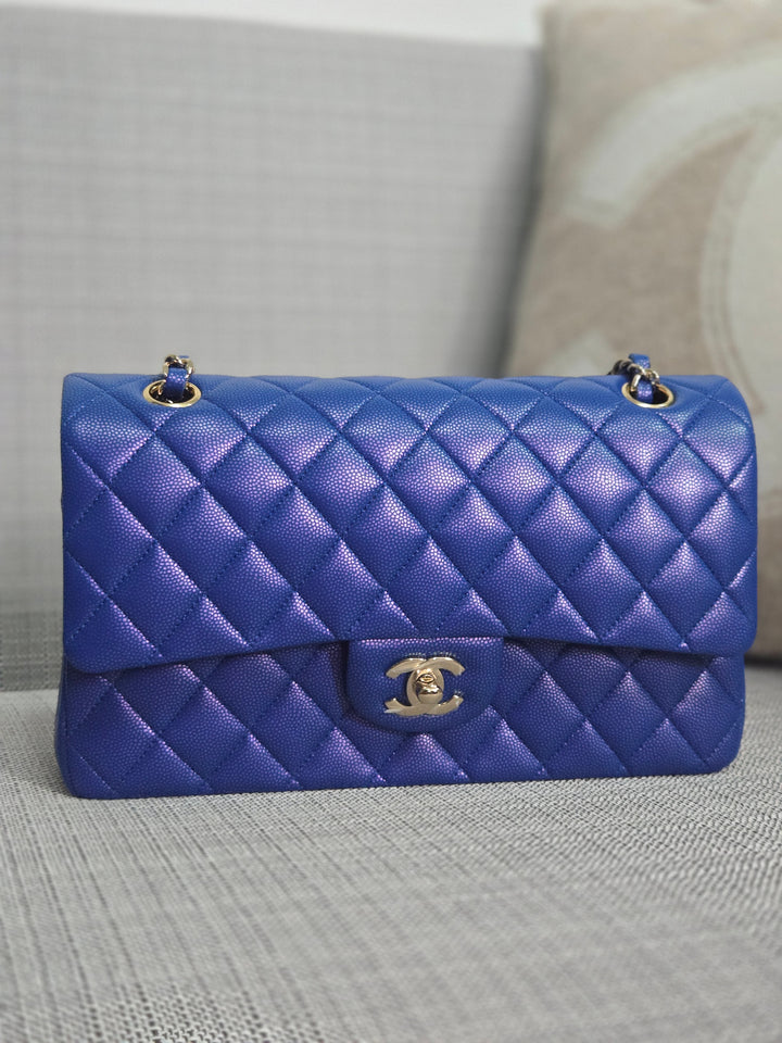 Chanel series 31 Iridescent Cobalt Blue Caviar Medium ML Timeless Classic Double Flap Bag with Champagne GHW