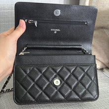 Load image into Gallery viewer, Chanel Black Caviar Classic Wallet on chain (WOC) with silver hardware
