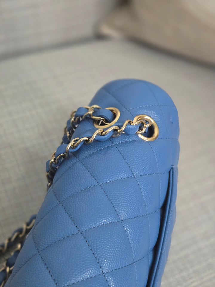 Chanel Series 30 Blue Caviar Medium Timeless Classic Double Flap Bag with Champagne GHW