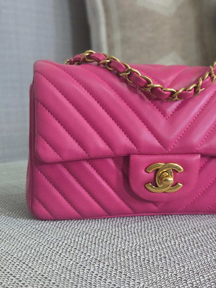 Chanel series 21 Barbie Pink Lambskin Chevron Mini Rectangular Flap Bag with Yellow GHW