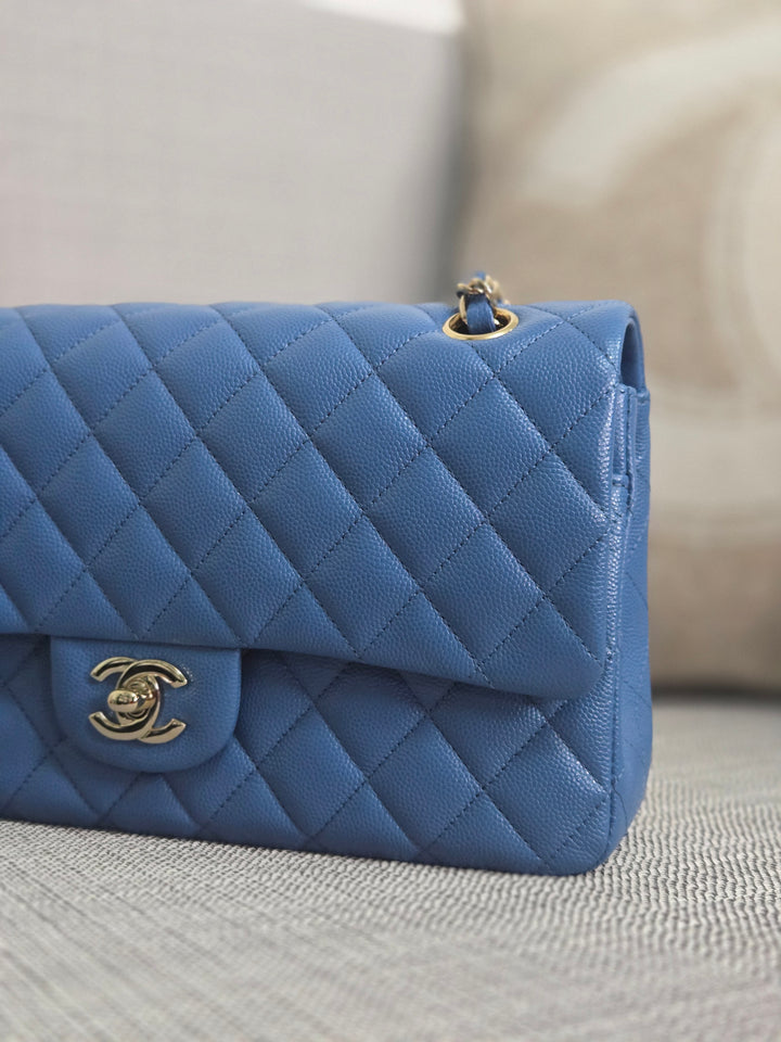 Chanel Series 30 Blue Caviar Medium Timeless Classic Double Flap Bag with Champagne GHW