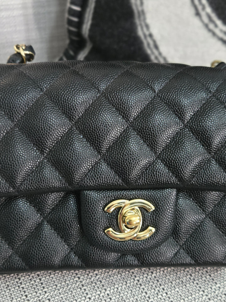 Chanel series 26 18B Collection Black Caviar Classic Mini Rectangular Flap Bag with champagne GHW
