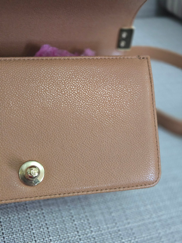 Chanel 21K 2021 Fall/Winter Collection Caramel Brown Caviar shiny champagne GHW Small Le Boy Flap Bag