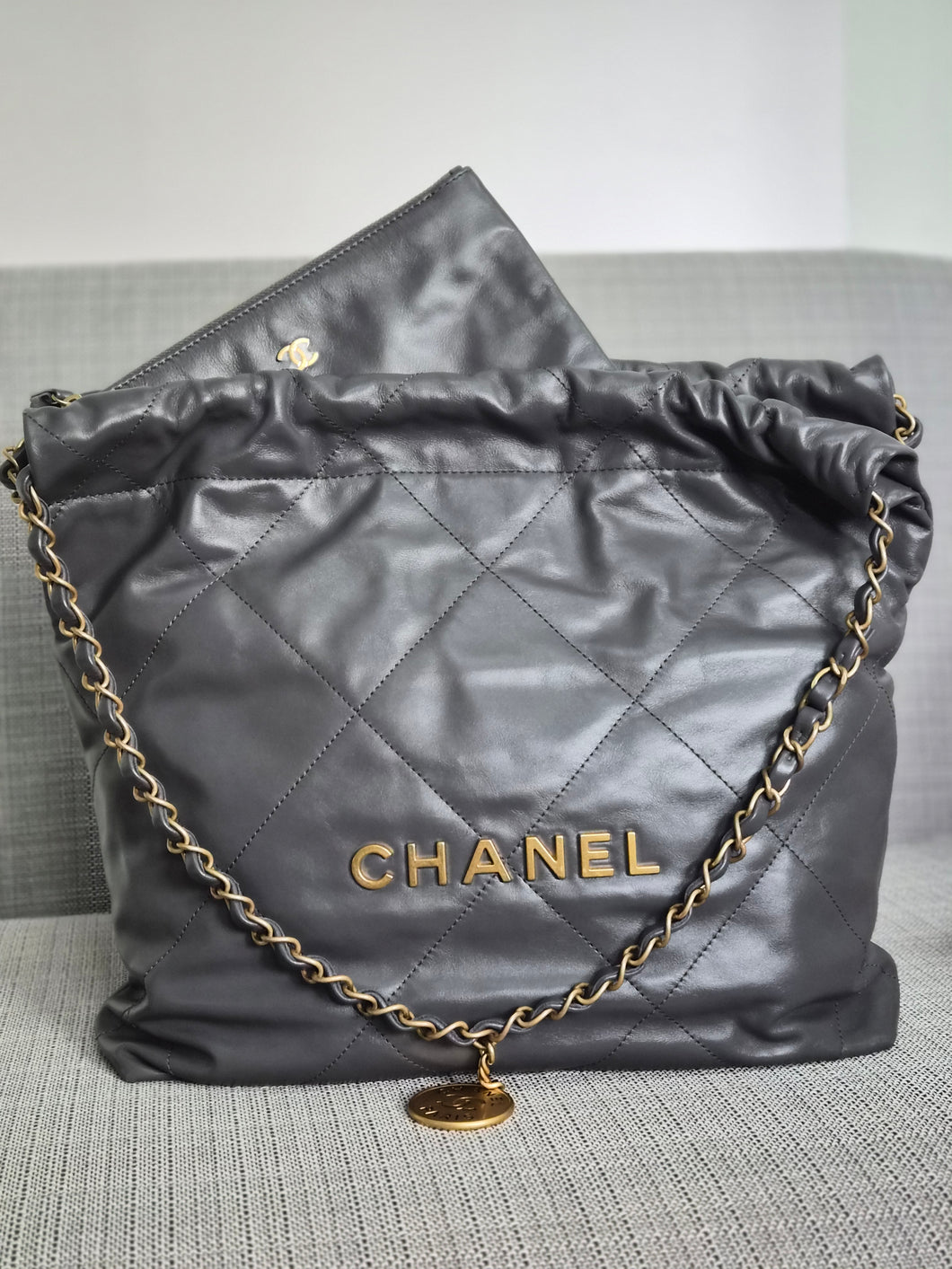 CHANEL 22 size Small in Grey Lambskin aged GHW with detachable pouch