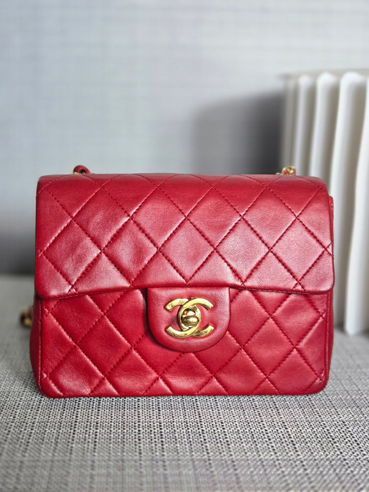 Chanel series 1 Red Lambskin 24K GHW Vintage Classic Mini Square Flap Bag