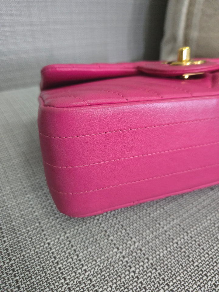 Chanel series 21 Barbie Pink Lambskin Chevron Mini Rectangular Flap Bag with Yellow GHW
