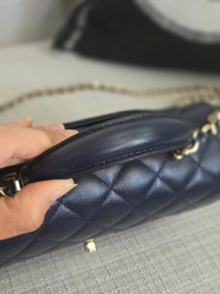 Chanel Navy Lambskin Mini Rectangular Flap Bag with Champagne GHW and Top Handle