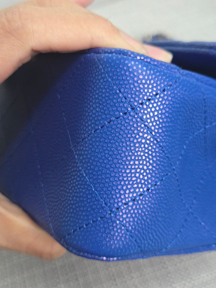 Chanel series 31 Iridescent Cobalt Blue Caviar Medium ML Timeless Classic Double Flap Bag with Champagne GHW