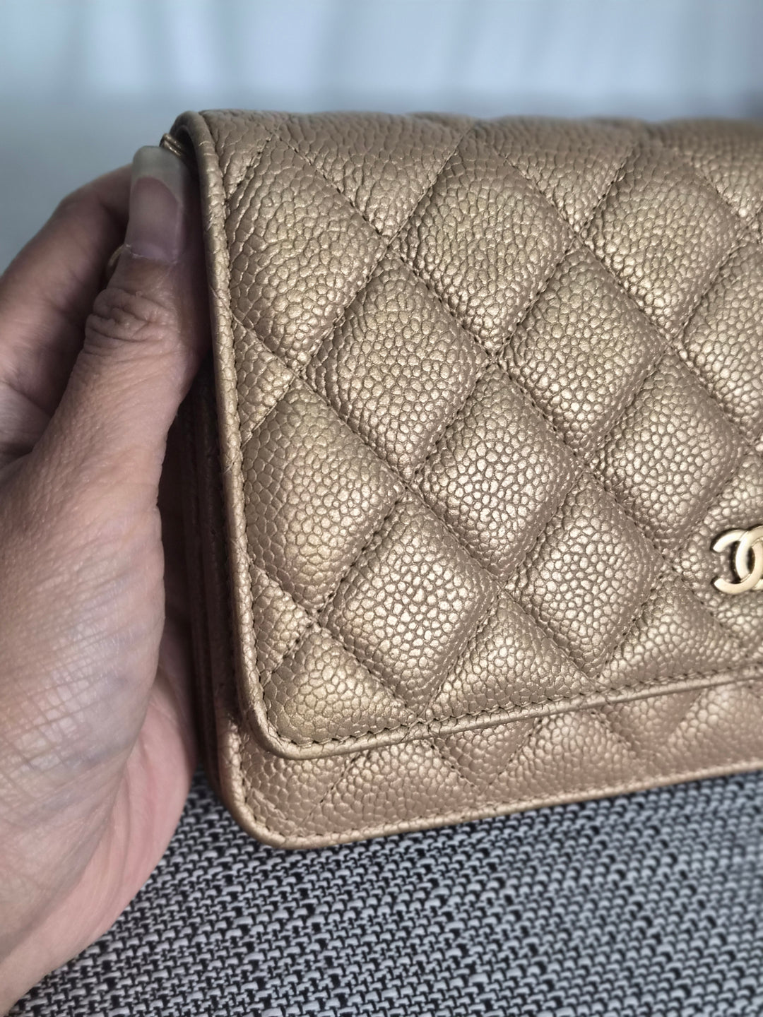 CHANEL series 20 2015 15B collection Gold Caviar Aged GHW Classic Wallet On Chain (WOC)