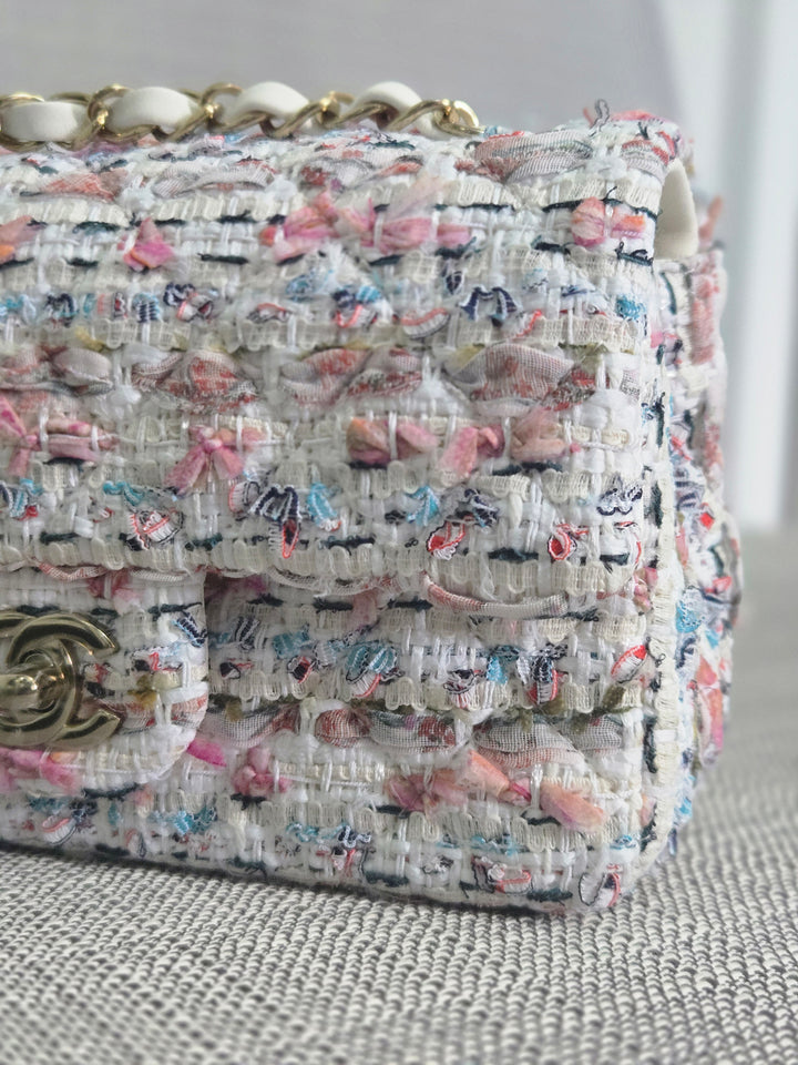 Chanel 23C 2022/2023 Cruise Collection Tweed Quilted Mini Rectangular Flap Bag in Ecru, Pink, Blue, and Green with Champagne GHW