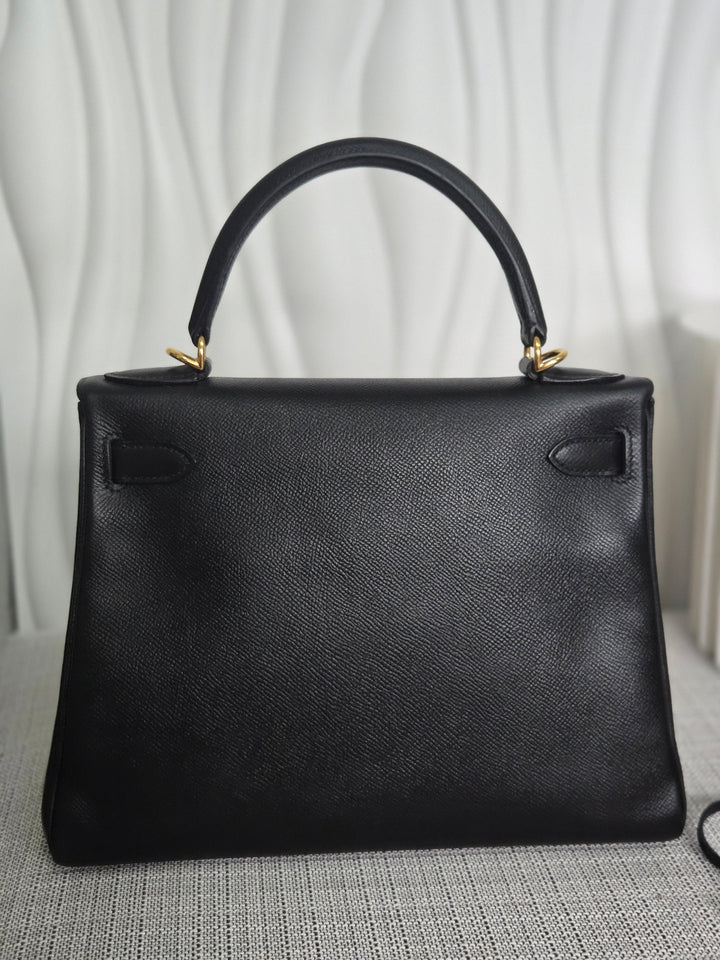 Hermes Noir/Black Epsom Leather GHW Kelly 28 stamp N 2010