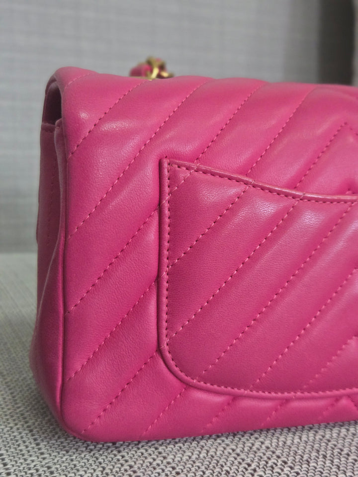 Chanel series 21 Barbie Pink Lambskin Chevron Mini Rectangular Flap Bag with Yellow GHW