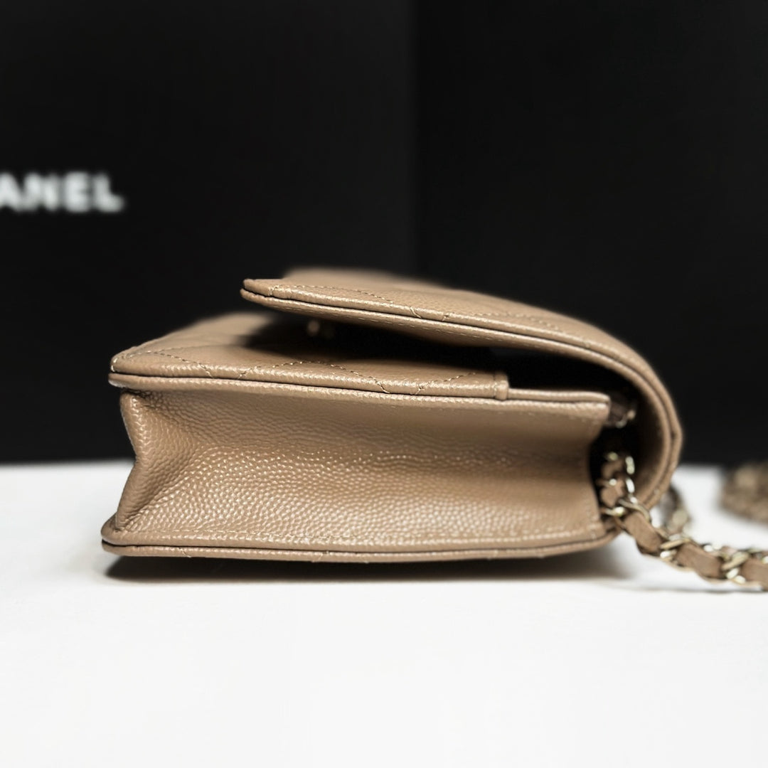 CHANEL 22A collection 2022 Dark Beige Caviar LGHW Classic Wallet On Chain (WOC)