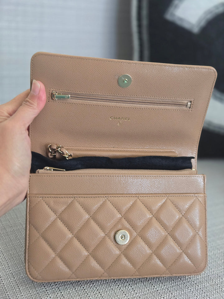 Chanel Dark Beige Caviar Champagne GHW Classic Wallet on Chain (WOC) 2023