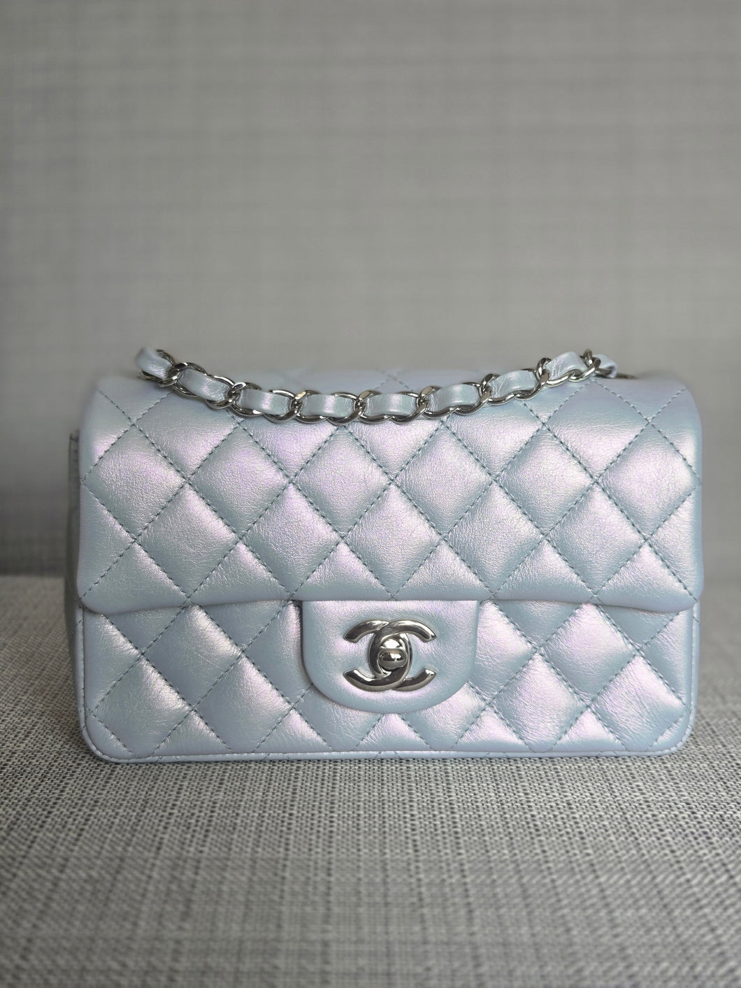 Chanel 21K collection 2021 Iridescent Light Blue Calf skin SHW Mini Rectangular Flap Bag