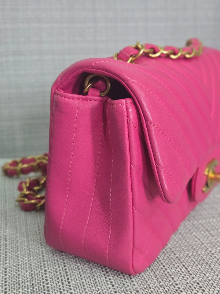 Chanel series 21 Barbie Pink Lambskin Chevron Mini Rectangular Flap Bag with Yellow GHW