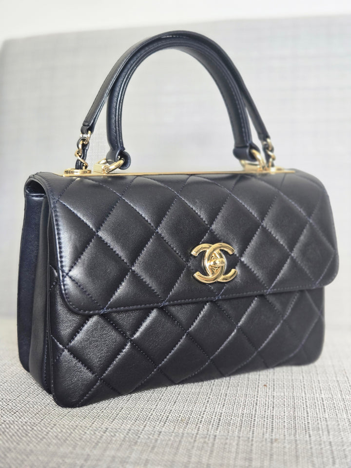 Chanel series 28 2019 Navy Lambskin Champagne GHW Trendy CC Flap Bag size Small with Detachable Strap