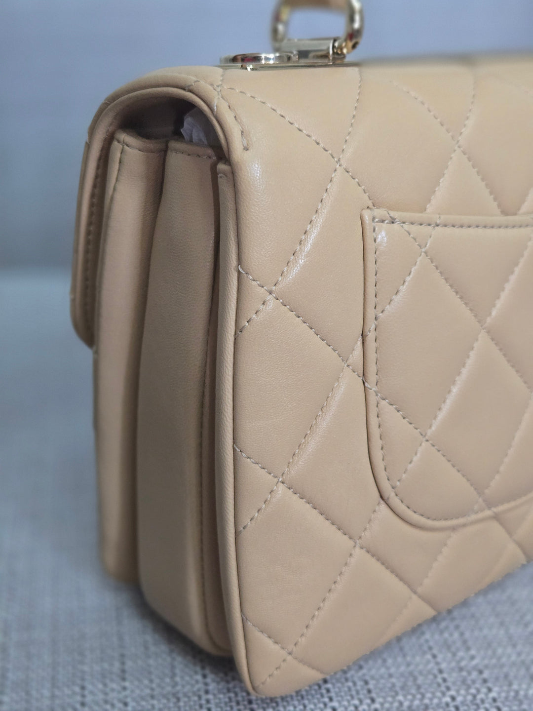 Chanel series 26 2018 Beige Lambskin Trendy CC Flap Bag with Top Handle Size Small with Champagne GHW and detachable Shoulder strap