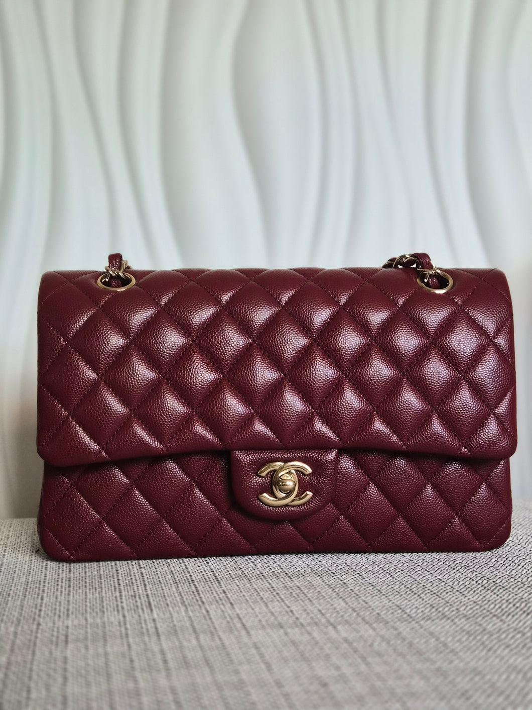 CHANEL 19B collection Series 28 Burgundy Caviar LGHW Medium Timeless Classic Double Flap Bag 11.12