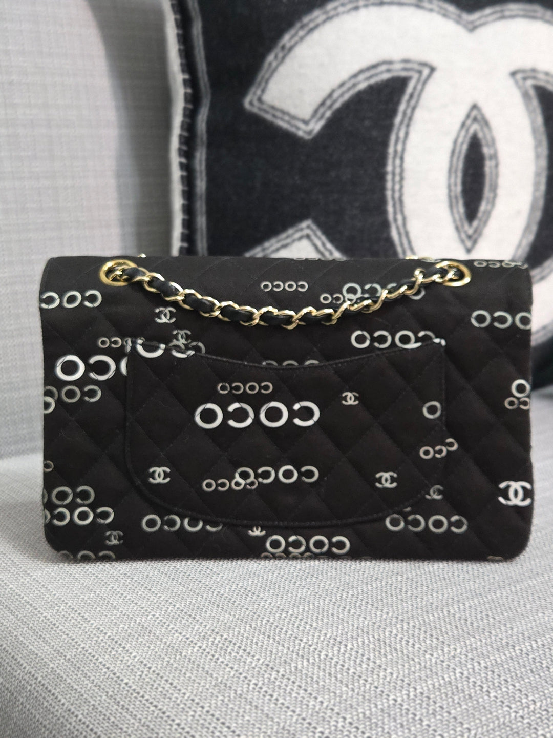 Chanel series 7 2002/2003 Black Canvas Quilted “COCO” Medium Classic Flap Light Gold Hardware