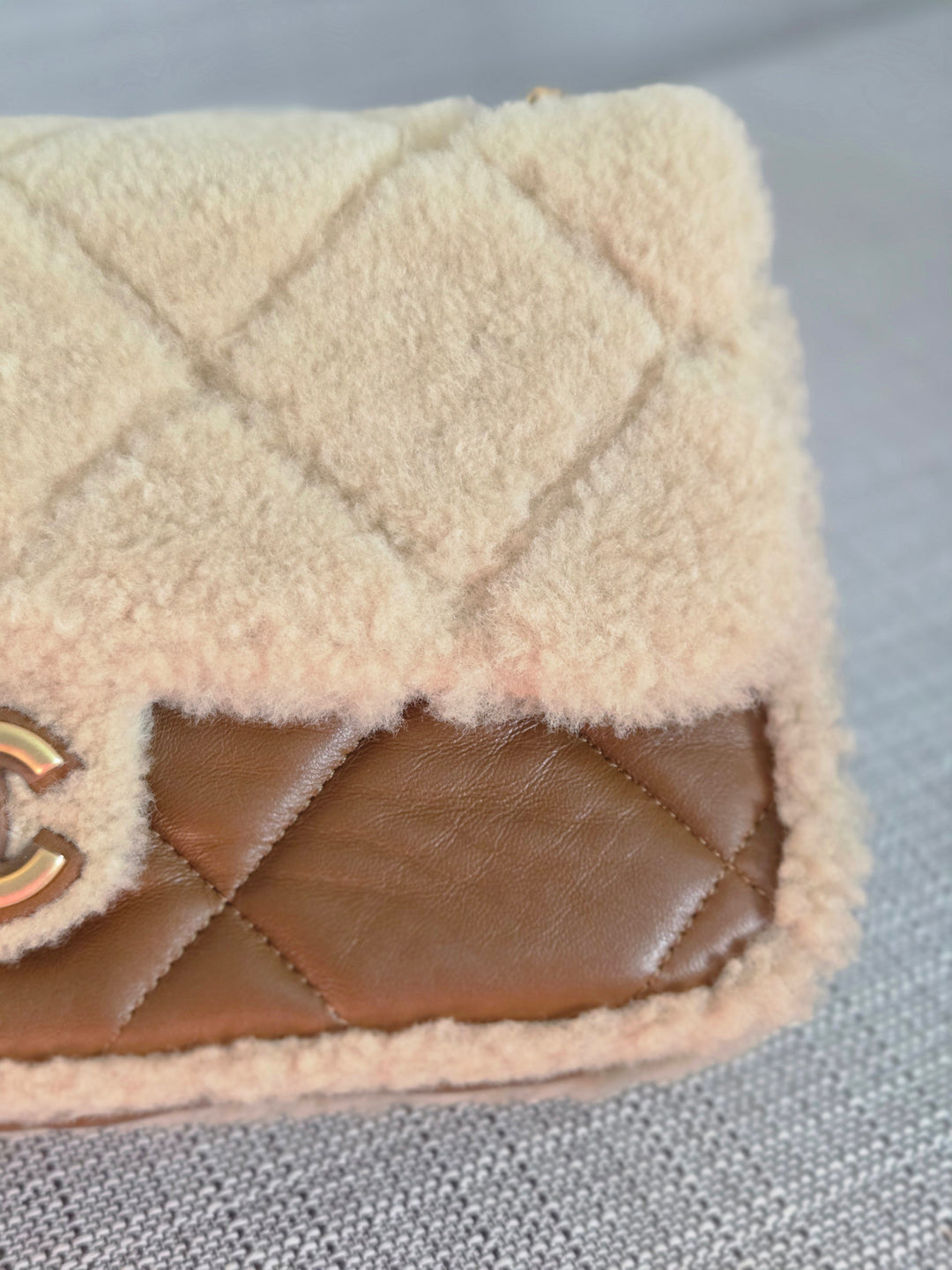 Chanel 24K 2024 Fall/Winter Collection Beige Brown Teddy Shearling MEDIUM flap Bag with Aged GHW