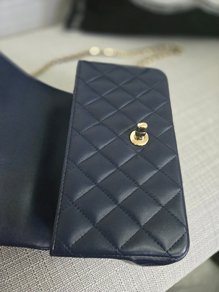 Chanel Navy Lambskin Mini Rectangular Flap Bag with Champagne GHW and Top Handle