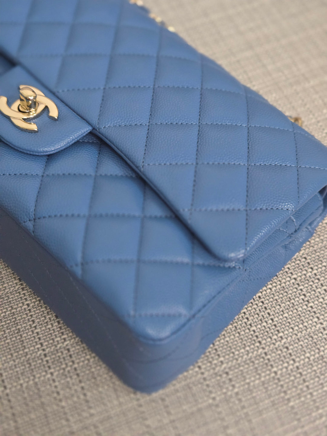 Chanel Series 30 Blue Caviar Medium Timeless Classic Double Flap Bag with Champagne GHW