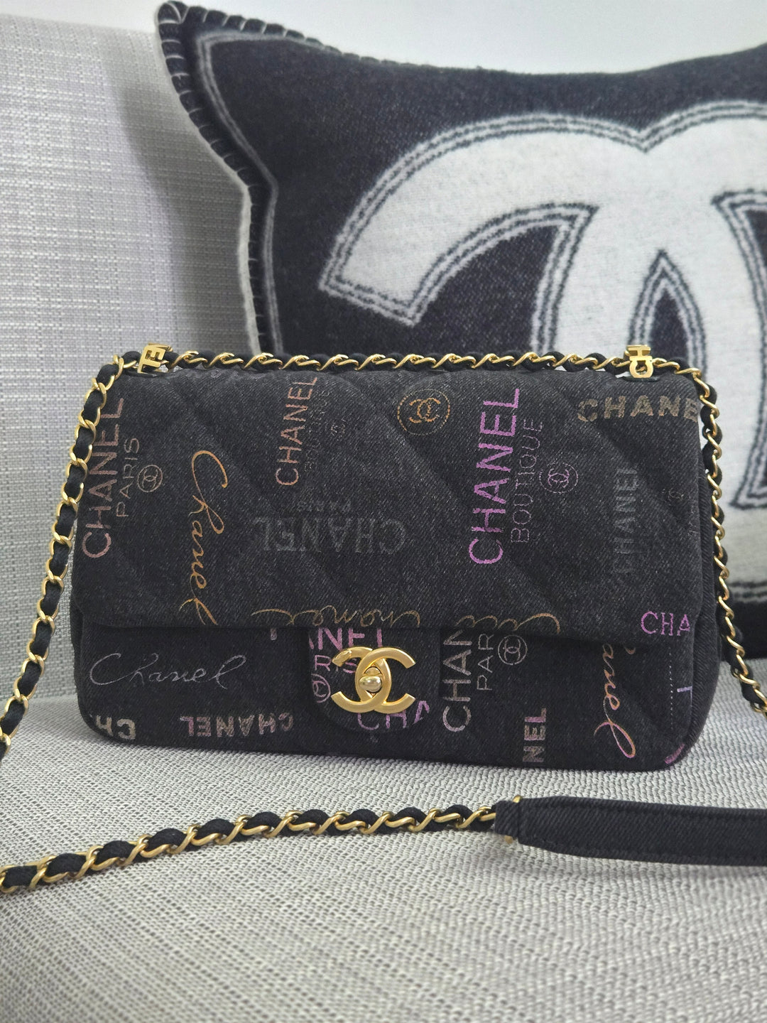 Chanel 22P collection Black Denim Mood Flap Bag with Aged GHW size Medium (25 cms)