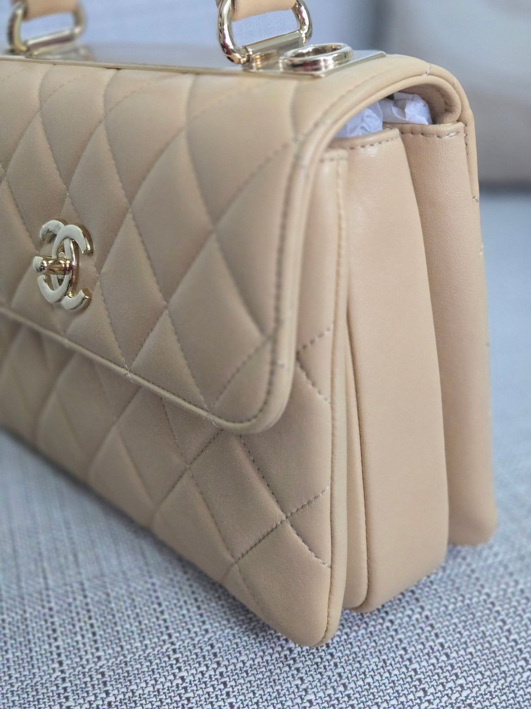Chanel series 26 2018 Beige Lambskin Trendy CC Flap Bag with Top Handle Size Small with Champagne GHW and detachable Shoulder strap