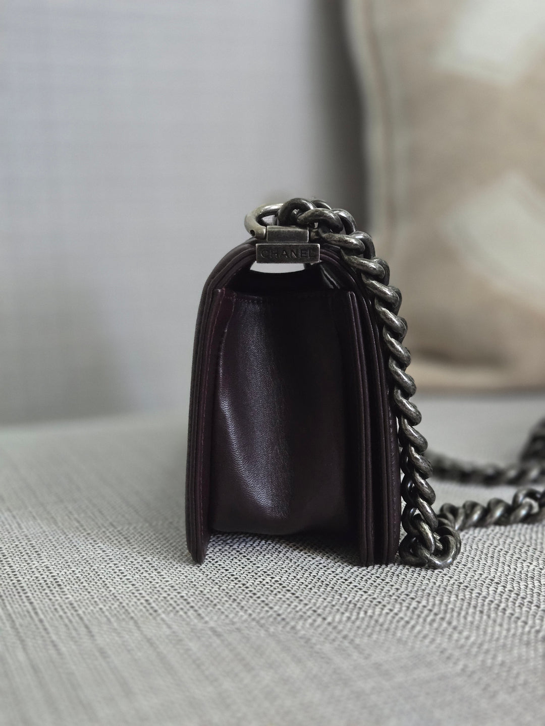 Chanel series 21 2015 Burgundy Lambskin Stingray Le Boy Flap Bag with RHW size Small