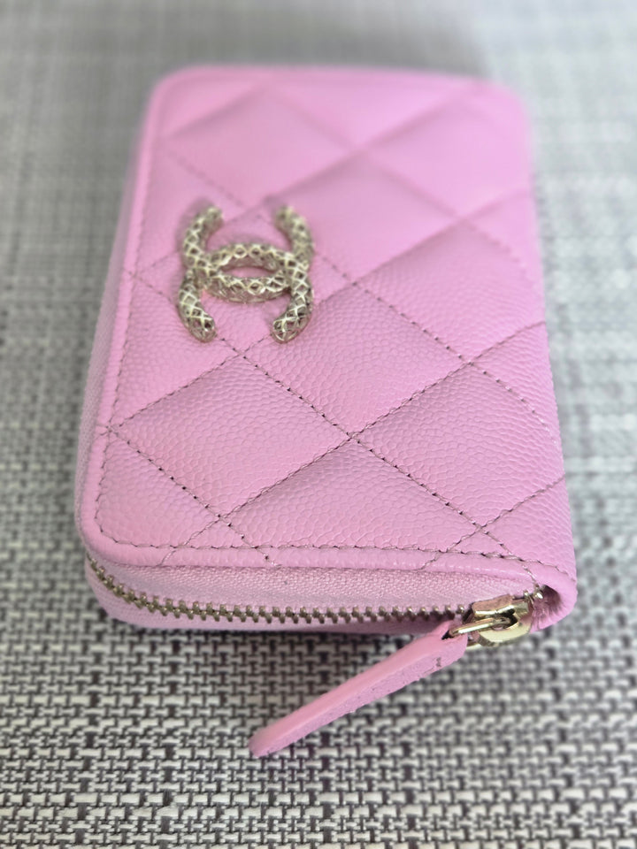 Chanel 23P collection 2023 Mauve undertone Pink Caviar Big Logo LGHW Zippy Coin Purse 2023 with mint green lining