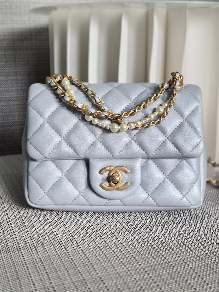CHANEL Pearl Twist Pearly Silver Light Blue Lambskin Mini Flap Bag