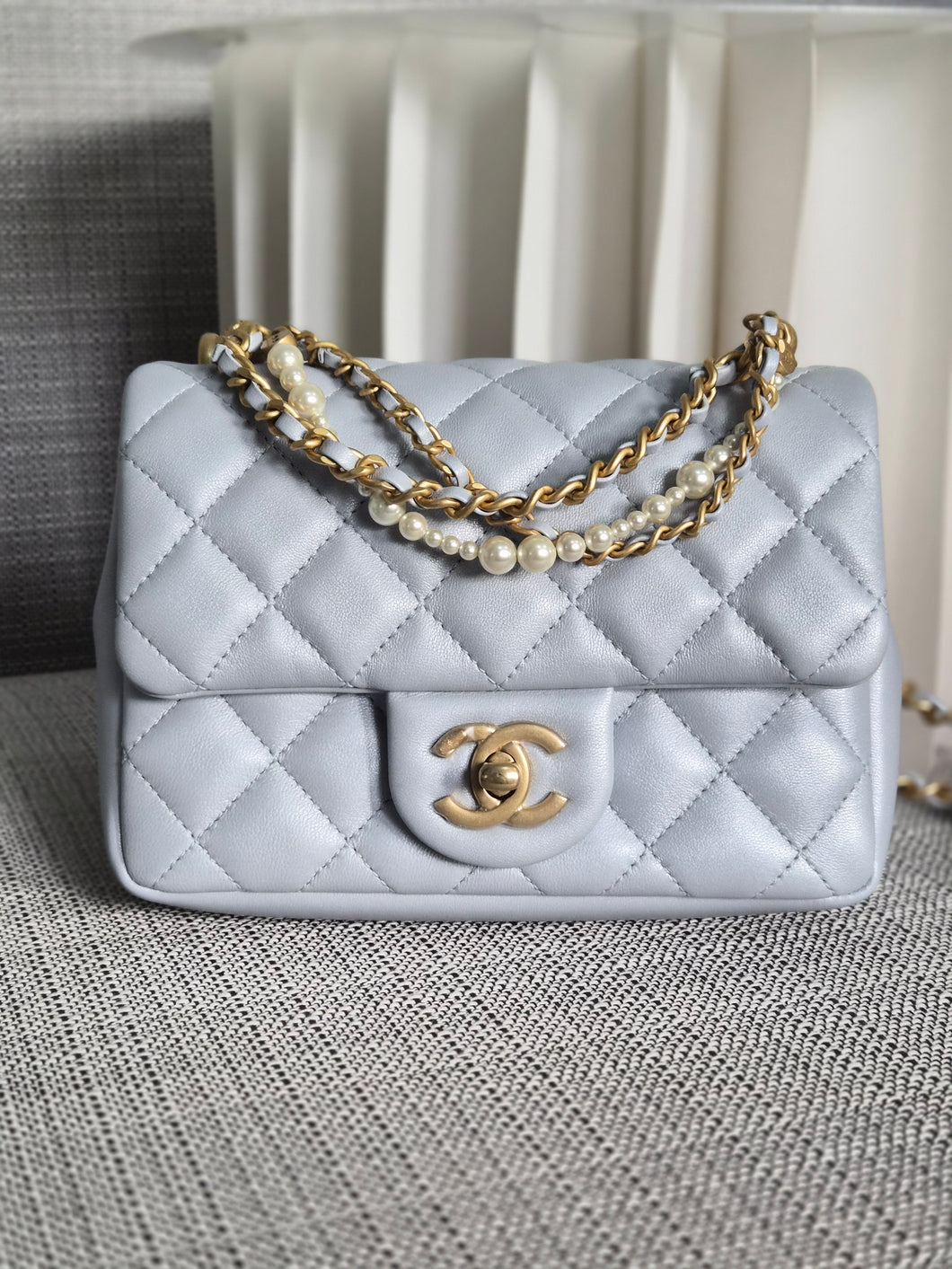 CHANEL Pearl Twist Pearly Silver Light Blue Lambskin Mini Flap Bag