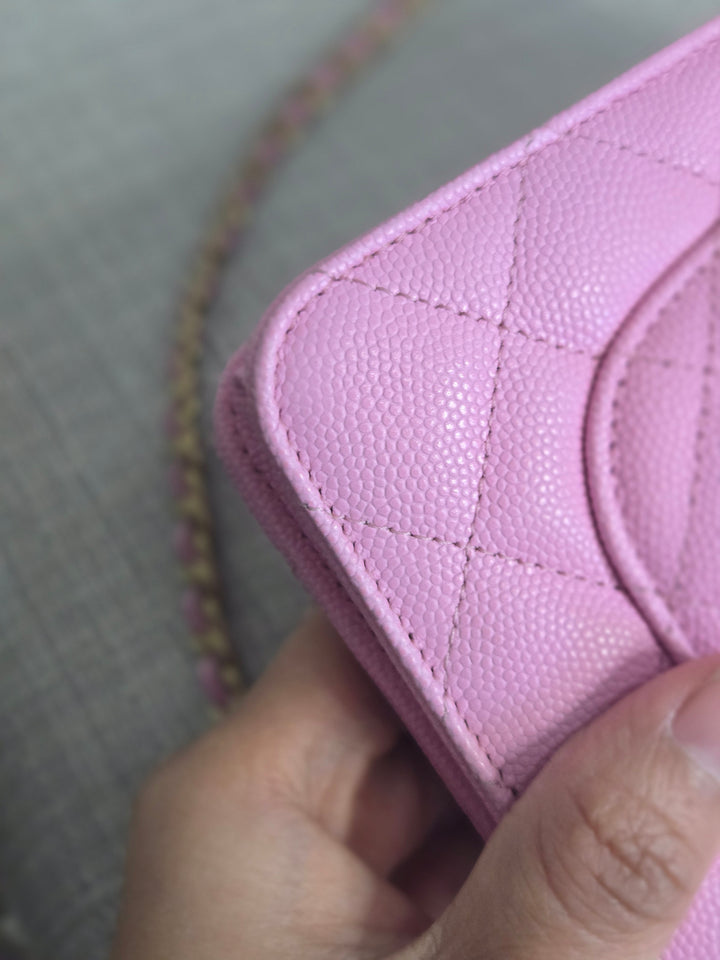 Chanel 23P Collection 2023 Mauve undertone Pink Caviar Champagne GHW Classic Wallet on chain (WOC)