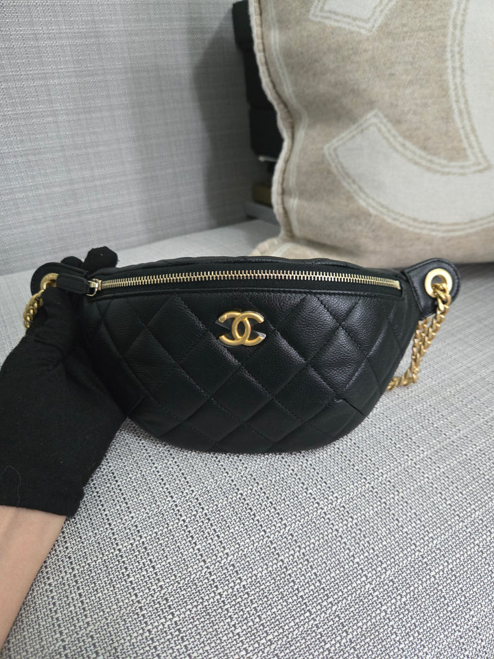 Chanel 24B 2024 Fall/Winter Black Caviar GHW Sweetheart Adjustable chain Waist Bag/Fanny Bag/Bum Bag