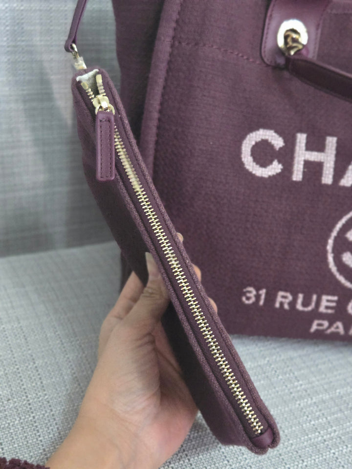 Chanel 24B 2024 Fall/Winter Collection Burgundy Tweed Deauville Tote with Leather top handle size small and Detachable pouch