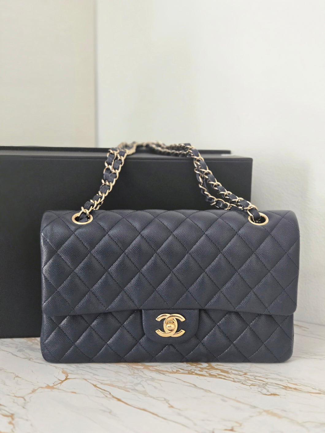 Chanel series 29 20C Collection Navy Caviar Medium ML Classic Double Flap Bag 11.12 with Champagne GHW