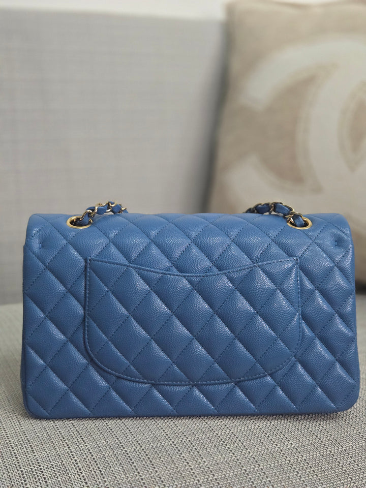 Chanel Series 30 Blue Caviar Medium Timeless Classic Double Flap Bag with Champagne GHW