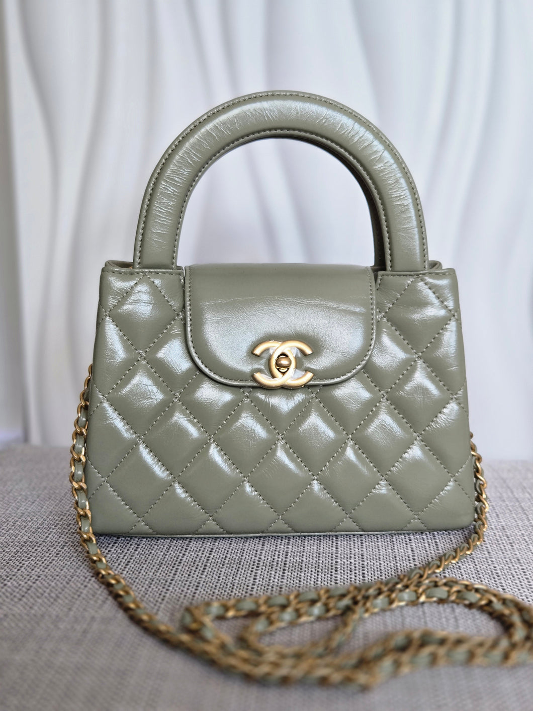 CHANEL Sage Khaki Green Glazed Calfskin Aged GHW Nano Kelly Shopping Bag size Small (19cms)