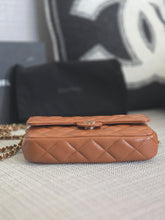 Load image into Gallery viewer, Chanel 2023 Caramel Brown Caviar Champagne GHW New Style Wallet on chain (WOC)
