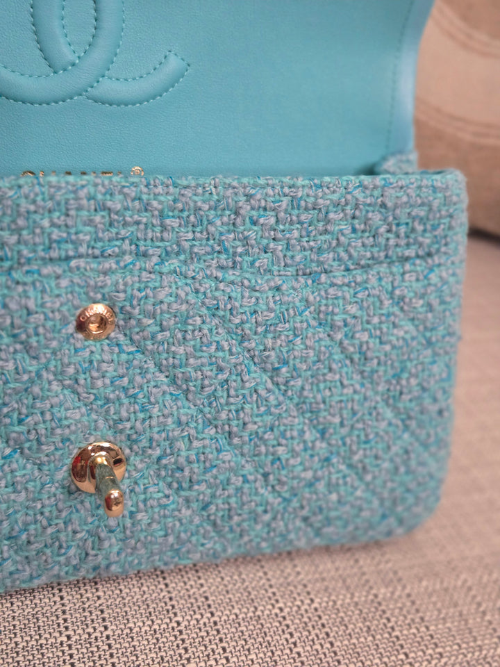 Chanel 22B 2022 Fall/Winter Collection Turquoise Blue Tweed Medium ML Timeless Classic Double Flap Bag with Champagne GHW