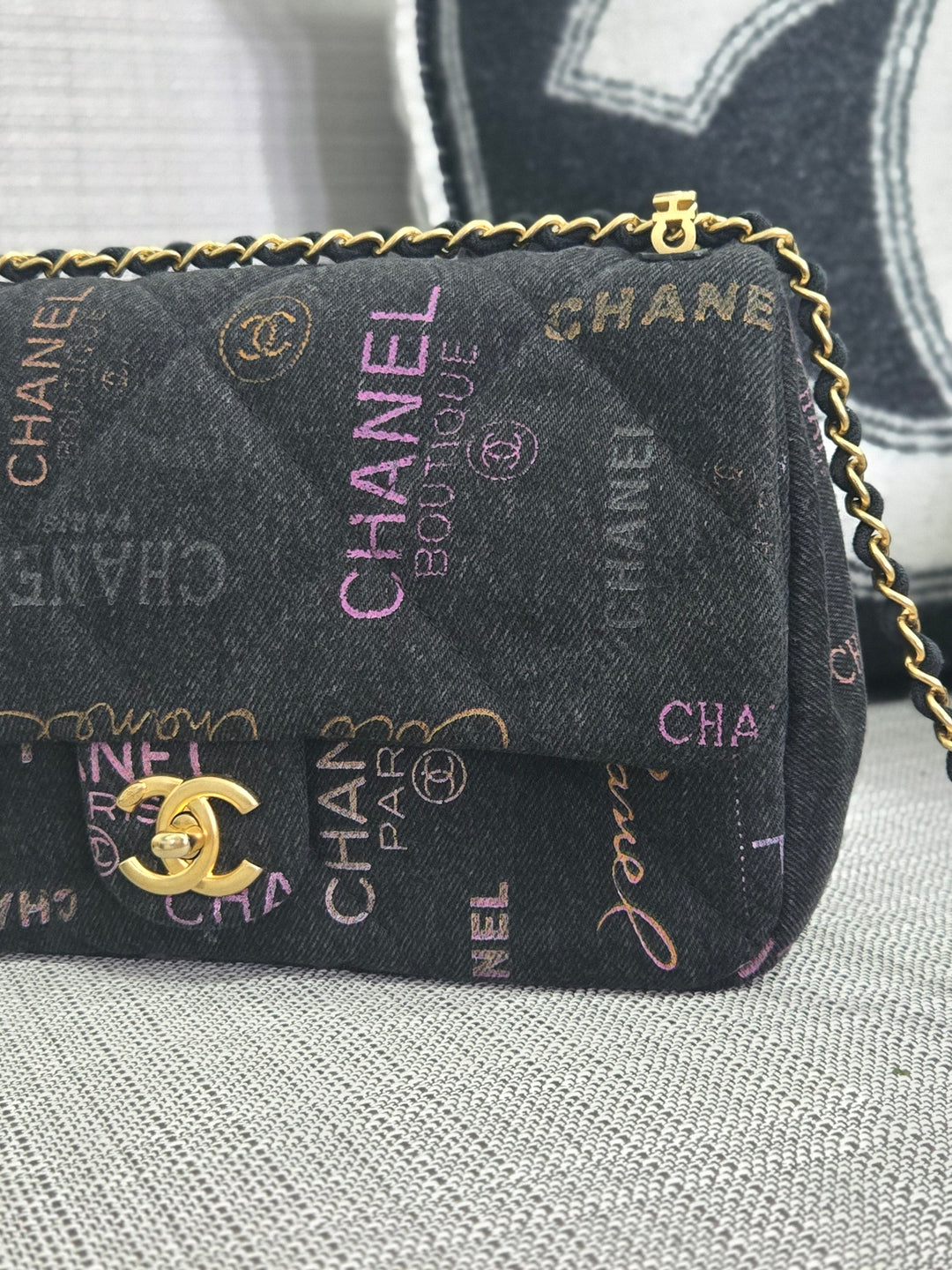 Chanel 22P collection Black Denim Mood Flap Bag with Aged GHW size Medium (25 cms)