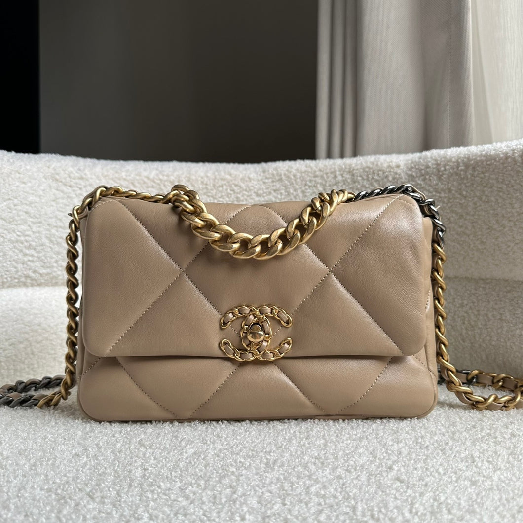 CHANEL 19 size Small in 21S collection 2021 Dark Beige Cappuccino Latte Lambskin Mixed HW Flap Bag