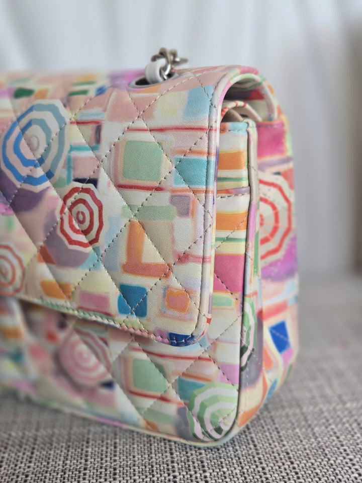 CHANEL Multi Color Rainbow Umbrella print calf skin SHW Medium Classic Double Flap Bag