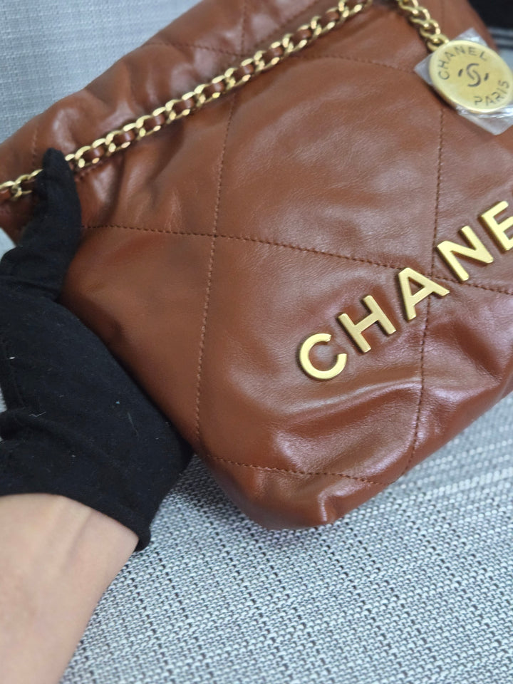 Chanel 23A 2023 Fall/Winter Collection Brown Lambskin Mini 22 Bag