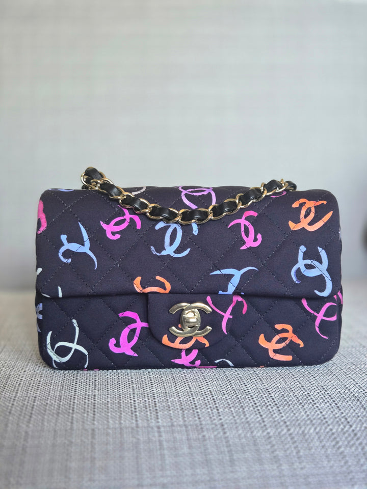Chanel 24S collection Navy Multi color Jersey Mini Rectangular Flap Bag with Champagne GHW