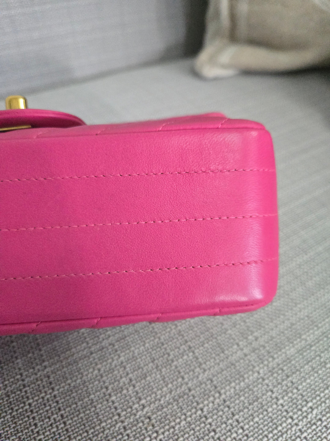 Chanel series 21 Barbie Pink Lambskin Chevron Mini Rectangular Flap Bag with Yellow GHW